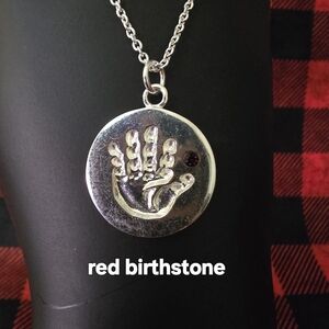 Silver Handprint Pendant Necklace with Red Birthstone